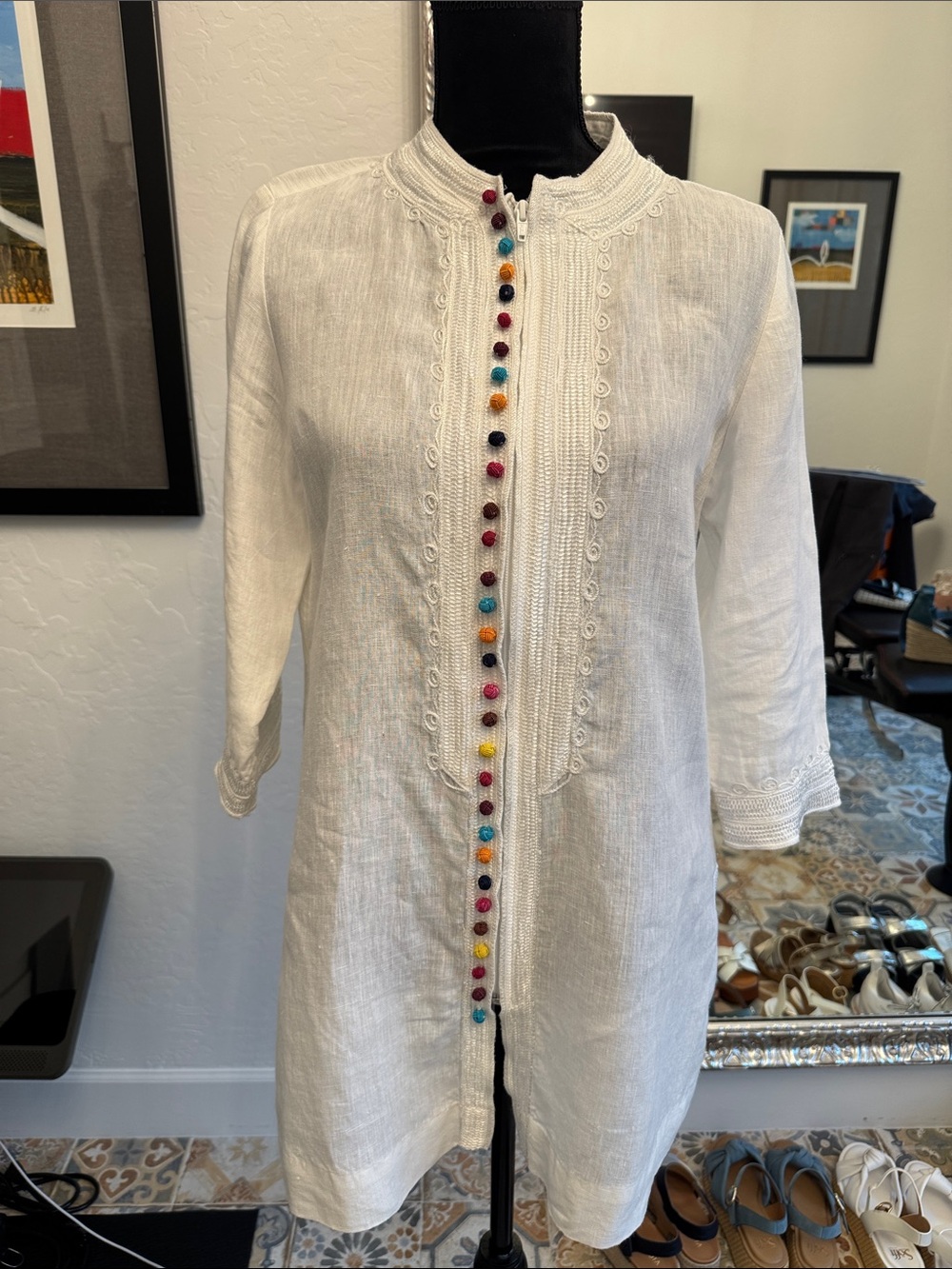 Soft Surroundings White Linen Tunic with Multicolor Button Accents.  Never worn.